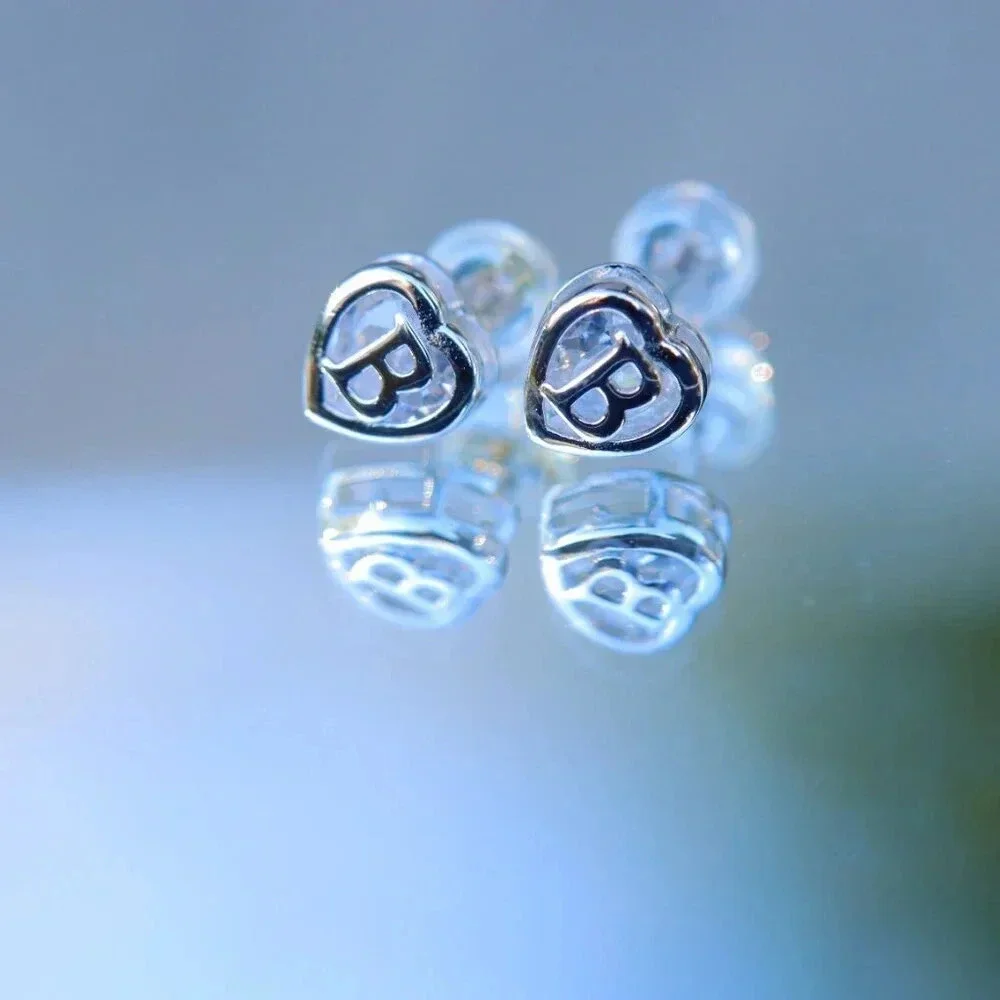 925 SILVER💝HEART INITIAL STUD EARRINGS WOMEN TEEN GIRLS MOM DAUGHTER, ELDM153S